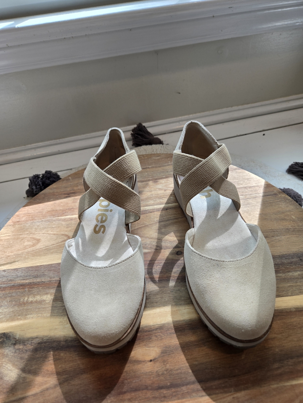 Women's Beige Hush Puppies  Crisscross Strap Wedge Flats